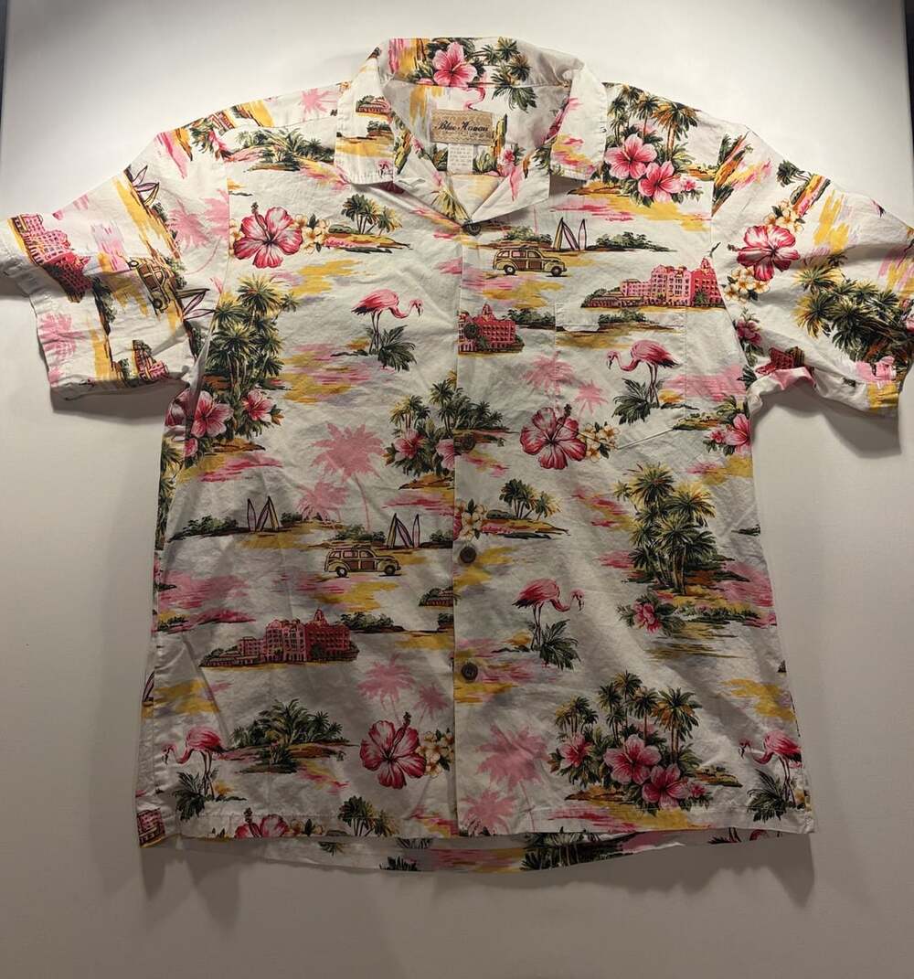 Blue Hawaii Hawaiian Shirt Size XL Flamingo Palm Tree Print Cotton